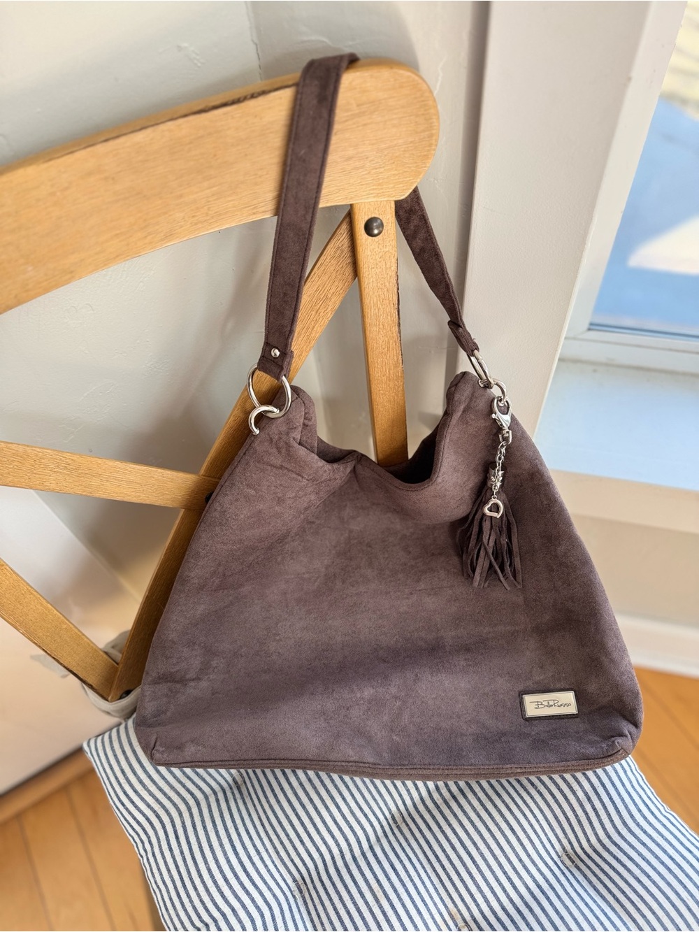 Bella Russo Taupe Brown Faux Suede Hobo Slouchy Shoulder Bag w Tassel Charm